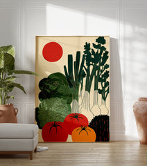 Stylized vegetable art poster with green cabbage, broccoli, spring onions, red and orange tomatoes, and a red sun. - Image 3