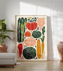 A modern illustrative poster of various colorful vegetables including carrots, cabbage, pumpkin, and celery on a light background. - Image 3