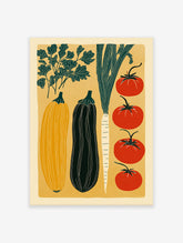 Modern vegetable art print poster featuring illustrations of tomatoes, squash, eggplant, and greens on a yellow background.