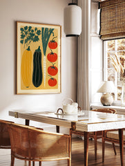 Modern vegetable art print poster featuring illustrations of tomatoes, squash, eggplant, and greens on a yellow background. - Image 2
