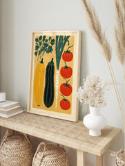 Modern vegetable art print poster featuring illustrations of tomatoes, squash, eggplant, and greens on a yellow background. - Image 4
