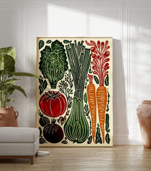 Vegetable garden linocut poster featuring green lettuce, leeks, red tomato, orange carrots, and dark onions on a cream background. - Image 3