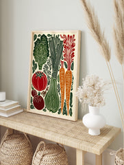 Vegetable garden linocut poster featuring green lettuce, leeks, red tomato, orange carrots, and dark onions on a cream background. - Image 4