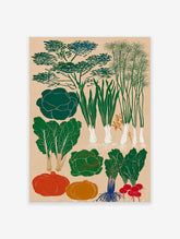 Vegetable garden poster featuring various green plants, orange pumpkins, and red radishes on a light background.
