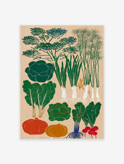 Vegetable garden poster featuring various green plants, orange pumpkins, and red radishes on a light background.