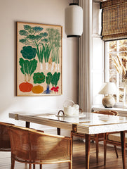 Vegetable garden poster featuring various green plants, orange pumpkins, and red radishes on a light background. - Image 2