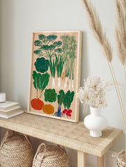 Vegetable garden poster featuring various green plants, orange pumpkins, and red radishes on a light background. - Image 4