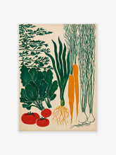 Poster of a vegetable garden harvest illustration featuring carrots, leafy greens, tomatoes, green onions, and garlic on a beige background.