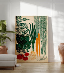 Poster of a vegetable garden harvest illustration featuring carrots, leafy greens, tomatoes, green onions, and garlic on a beige background. - Image 3
