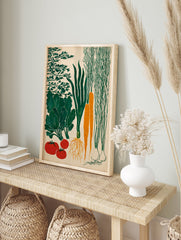 Poster of a vegetable garden harvest illustration featuring carrots, leafy greens, tomatoes, green onions, and garlic on a beige background. - Image 4