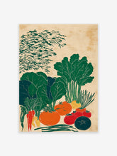 Vegetable garden poster featuring stylized green, orange, and red produce like tomatoes, carrots, and leafy greens on a textured background.
