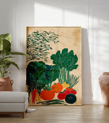Vegetable garden poster featuring stylized green, orange, and red produce like tomatoes, carrots, and leafy greens on a textured background. - Image 3