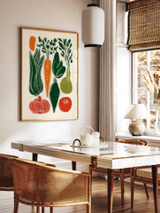 Illustrated vegetable poster featuring green leek, orange carrot, red tomato, green onion, and other vegetables in a block print style. - Image 2