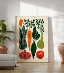 Illustrated vegetable poster featuring green leek, orange carrot, red tomato, green onion, and other vegetables in a block print style. - Image 3