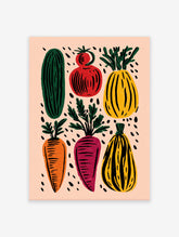 Colorful vegetable garden poster featuring illustrated cucumber, tomato, squash, carrot, and beet on a peach background with black speckles.