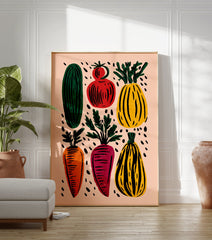 Colorful vegetable garden poster featuring illustrated cucumber, tomato, squash, carrot, and beet on a peach background with black speckles. - Image 3