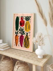 Colorful vegetable garden poster featuring illustrated cucumber, tomato, squash, carrot, and beet on a peach background with black speckles. - Image 4