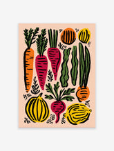 Colorful vegetable illustration poster featuring carrots, beets, squash, and other produce on a light pink background.