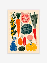 Colorful modern illustration poster featuring various vegetables like carrots, cabbage, tomato, and pumpkin on a light background.