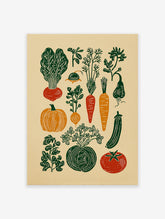 A rustic vegetable garden poster featuring linocut illustrations of various produce like carrots, beets, pumpkins, and herbs.
