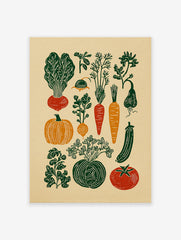 A rustic vegetable garden poster featuring linocut illustrations of various produce like carrots, beets, pumpkins, and herbs.