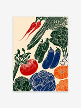 A rustic linocut-style vegetable poster featuring illustrations of red carrots, green zucchini, blue eggplants, a red tomato, green cabbage, and orange pumpkins on a cream background.