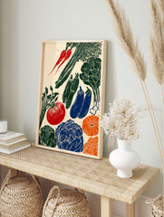 A rustic linocut-style vegetable poster featuring illustrations of red carrots, green zucchini, blue eggplants, a red tomato, green cabbage, and orange pumpkins on a cream background. - Image 4