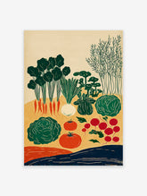 Poster of a vintage illustrated vegetable garden with carrots, radishes, tomatoes, cabbage, and greens on a beige background.
