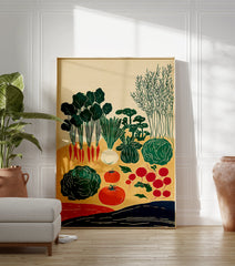 Poster of a vintage illustrated vegetable garden with carrots, radishes, tomatoes, cabbage, and greens on a beige background. - Image 3