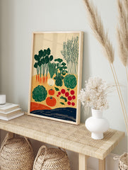 Poster of a vintage illustrated vegetable garden with carrots, radishes, tomatoes, cabbage, and greens on a beige background. - Image 4