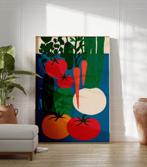 Poster featuring a vibrant, modern illustration of various vegetables including red tomatoes, orange tomatoes, cucumbers, carrots, and a turnip. - Image 3