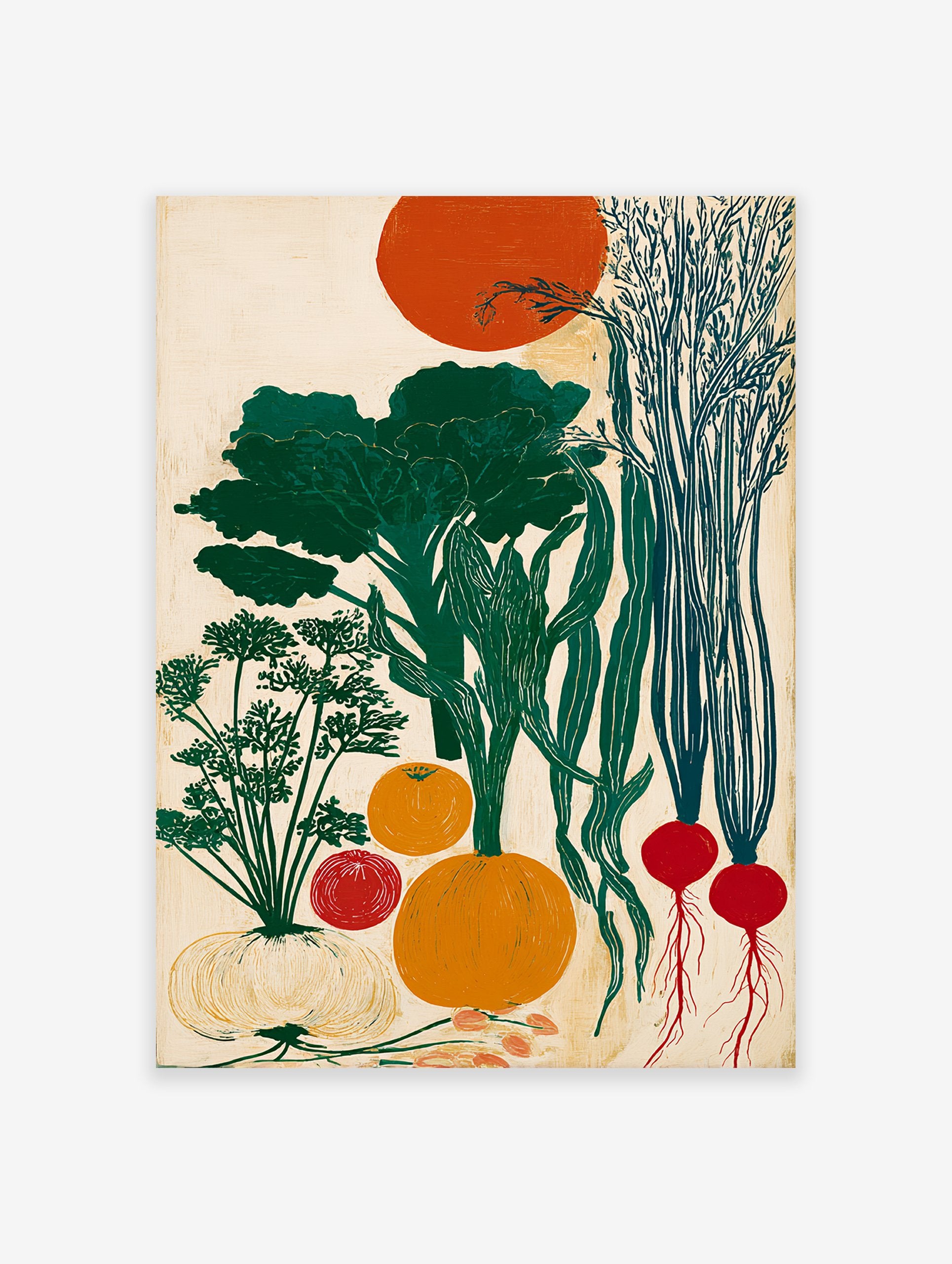 Modern botanical vegetable harvest poster featuring green broccoli, carrots, radishes, pumpkin, onion, and an orange sun.