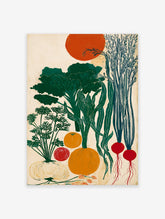 Modern botanical vegetable harvest poster featuring green broccoli, carrots, radishes, pumpkin, onion, and an orange sun.