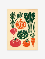 Rustic vegetable harvest poster with illustrations of radish, pumpkin, cabbage, tomato, carrot, and leafy greens.
