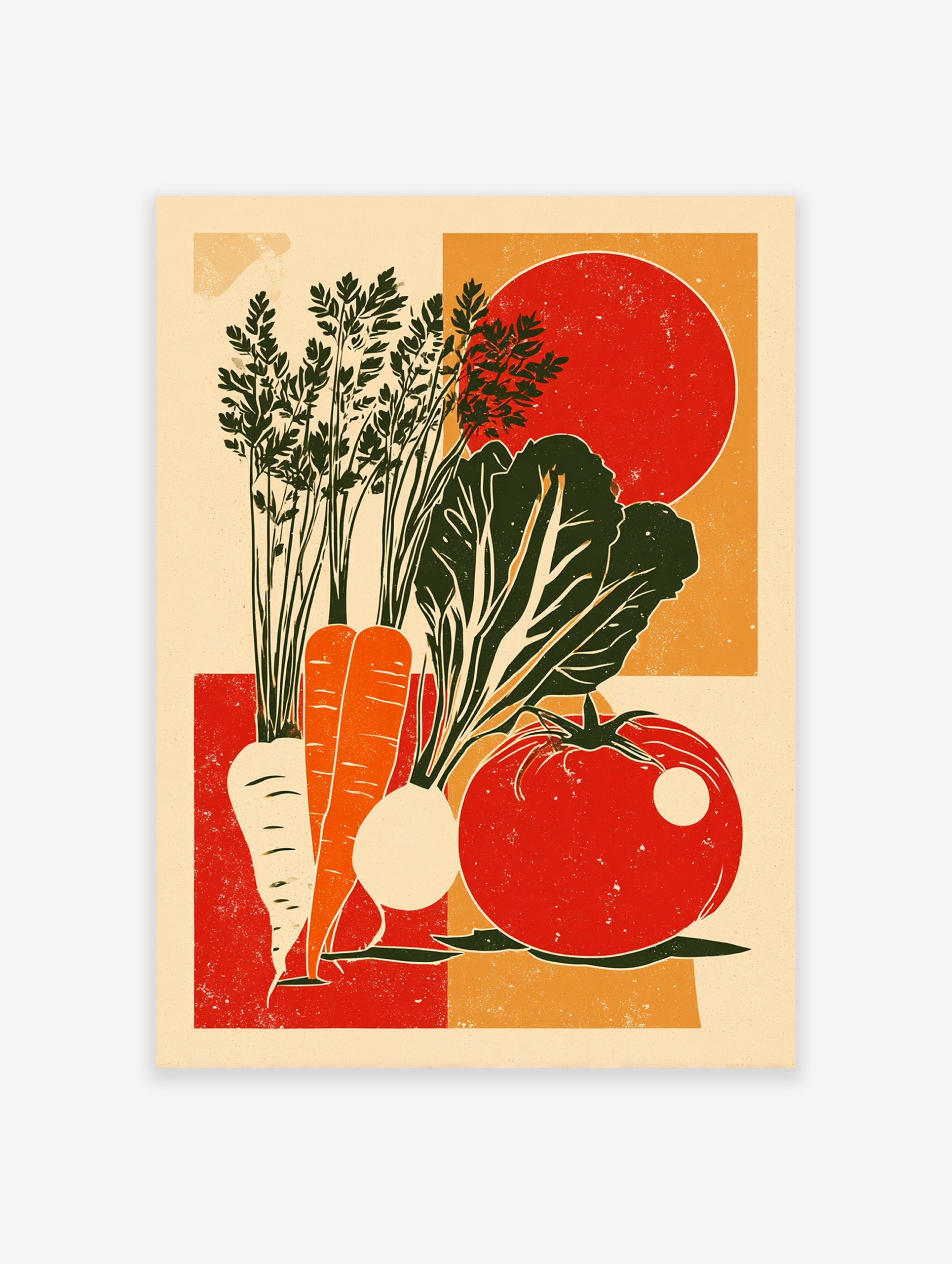 Vintage vegetable harvest poster with carrots, leafy greens, a turnip, and a tomato in red, orange, and green.