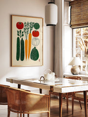 Vegetable illustration poster featuring carrots, tomatoes, cucumbers, cabbage, parsley, and squash in green, red, and orange colors. - Image 2