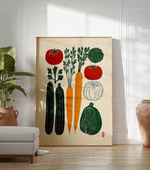 Vegetable illustration poster featuring carrots, tomatoes, cucumbers, cabbage, parsley, and squash in green, red, and orange colors. - Image 3