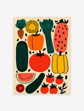 Vibrant vegetable illustration poster featuring carrots, tomatoes, peppers, cucumber, and watermelon on a light background.