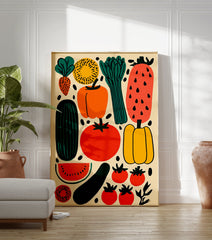 Vibrant vegetable illustration poster featuring carrots, tomatoes, peppers, cucumber, and watermelon on a light background. - Image 3