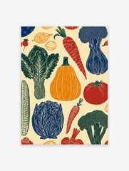 Illustrated vegetable poster featuring a colorful assortment of produce like carrots, pumpkin, broccoli, and corn on a light background.