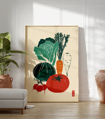 Illustrated vegetable poster featuring a tomato, cabbage, pumpkin, carrots, parsnip, and radishes in a vintage style. - Image 3