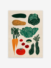 Vegetable linocut art poster featuring illustrations of green cabbage, orange carrots, red tomatoes, and green zucchini on a light background.