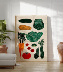 Vegetable linocut art poster featuring illustrations of green cabbage, orange carrots, red tomatoes, and green zucchini on a light background. - Image 3