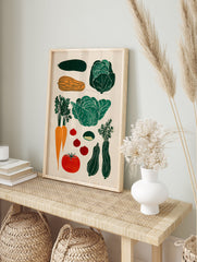 Vegetable linocut art poster featuring illustrations of green cabbage, orange carrots, red tomatoes, and green zucchini on a light background. - Image 4
