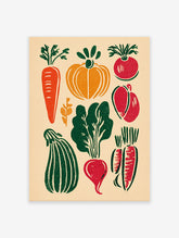 A linocut style vegetable poster showing various red, green, and orange vegetables like carrots, pumpkins, and beets on a light background.