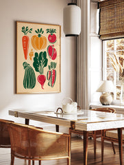 A linocut style vegetable poster showing various red, green, and orange vegetables like carrots, pumpkins, and beets on a light background. - Image 2