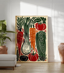 Vegetable linocut poster featuring carrots, tomatoes, leek, and corn in green, red, and orange colors on a cream background. - Image 3