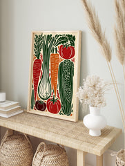 Vegetable linocut poster featuring carrots, tomatoes, leek, and corn in green, red, and orange colors on a cream background. - Image 4