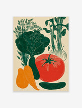 Linocut style poster featuring an arrangement of green, red, and orange vegetables like dill, lettuce, onions, tomato, cucumber, carrots, and squash.