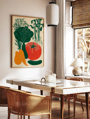Linocut style poster featuring an arrangement of green, red, and orange vegetables like dill, lettuce, onions, tomato, cucumber, carrots, and squash. - Image 2